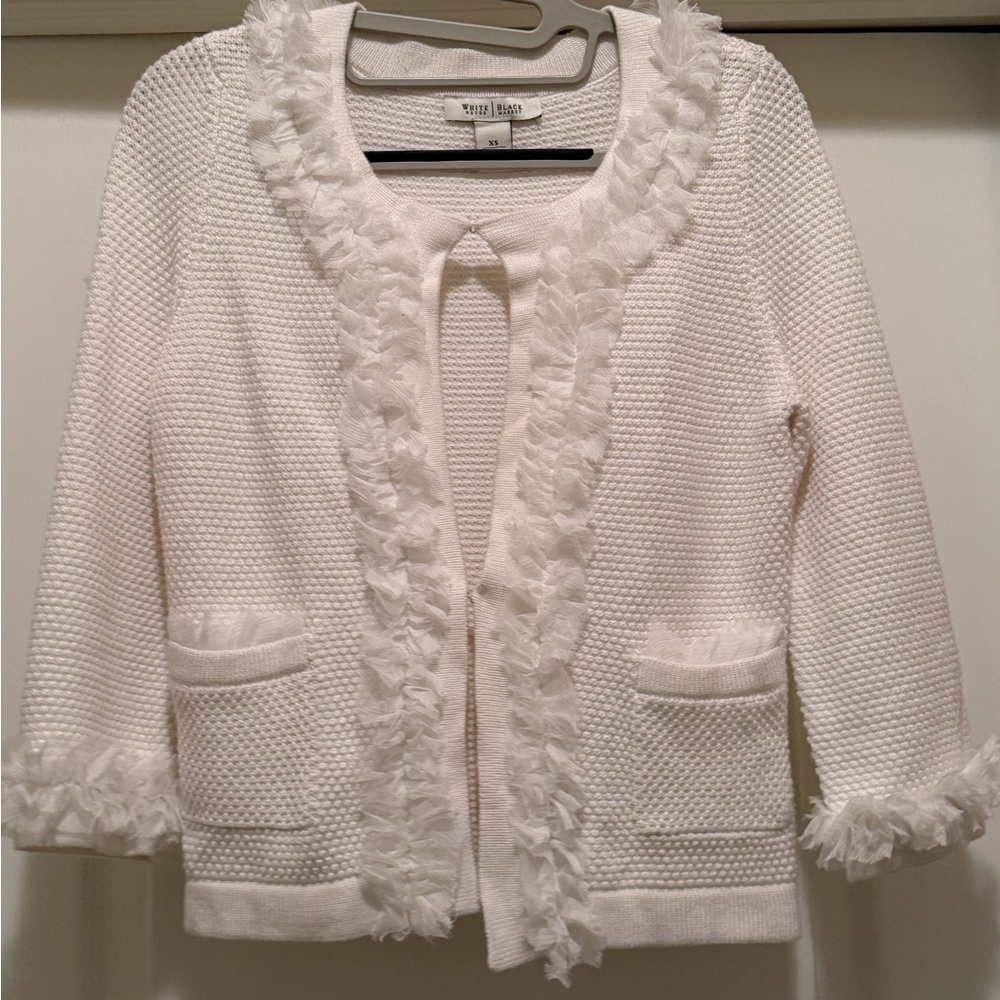 White Textured Cardigan with Ruffle Trim - Picture 2 of 6